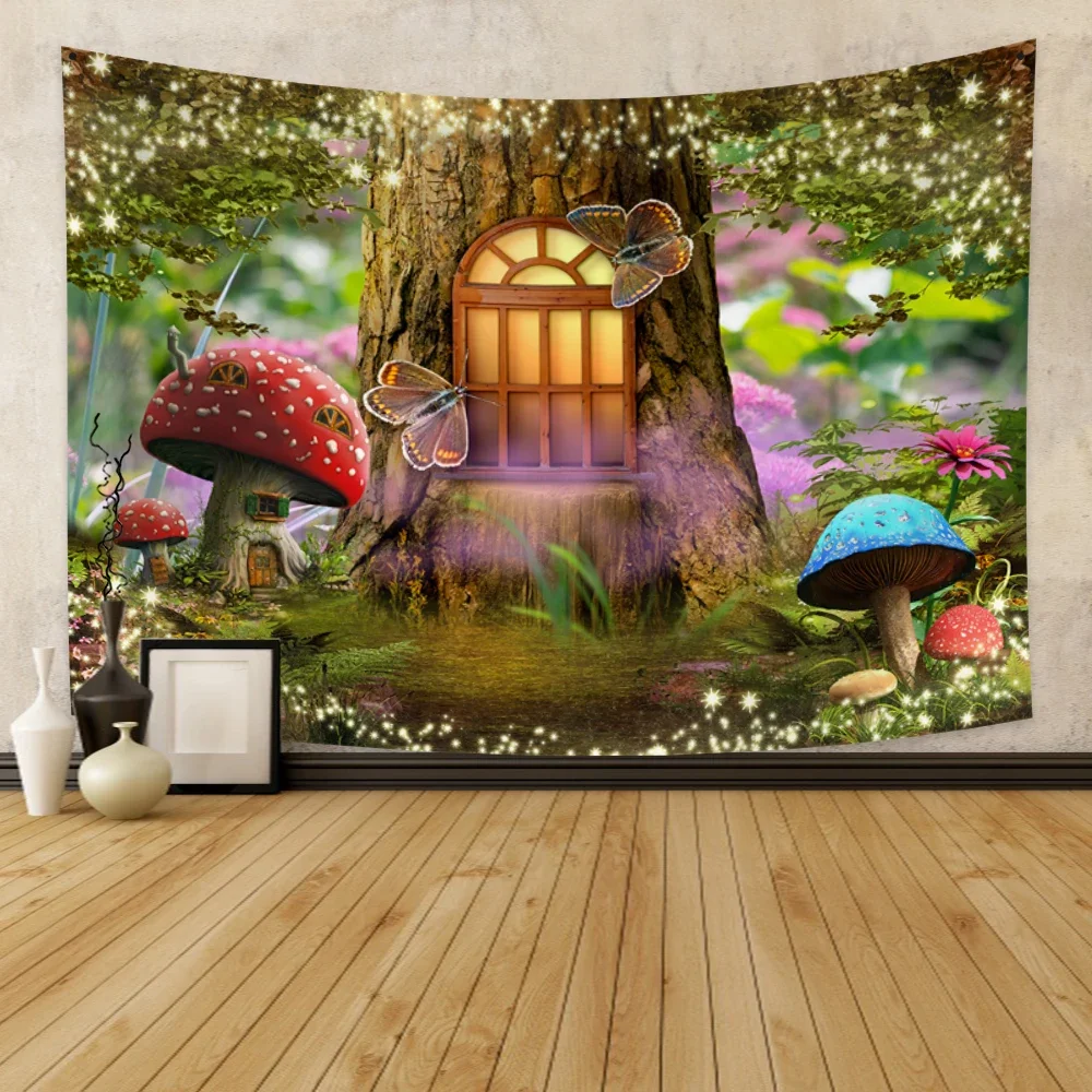 Fantasy Forest Tapestry Enchanted Mushroom Tapestry Fairytale Magical Wonderland Tree House Tapestries Wall Hanging Art for Kids