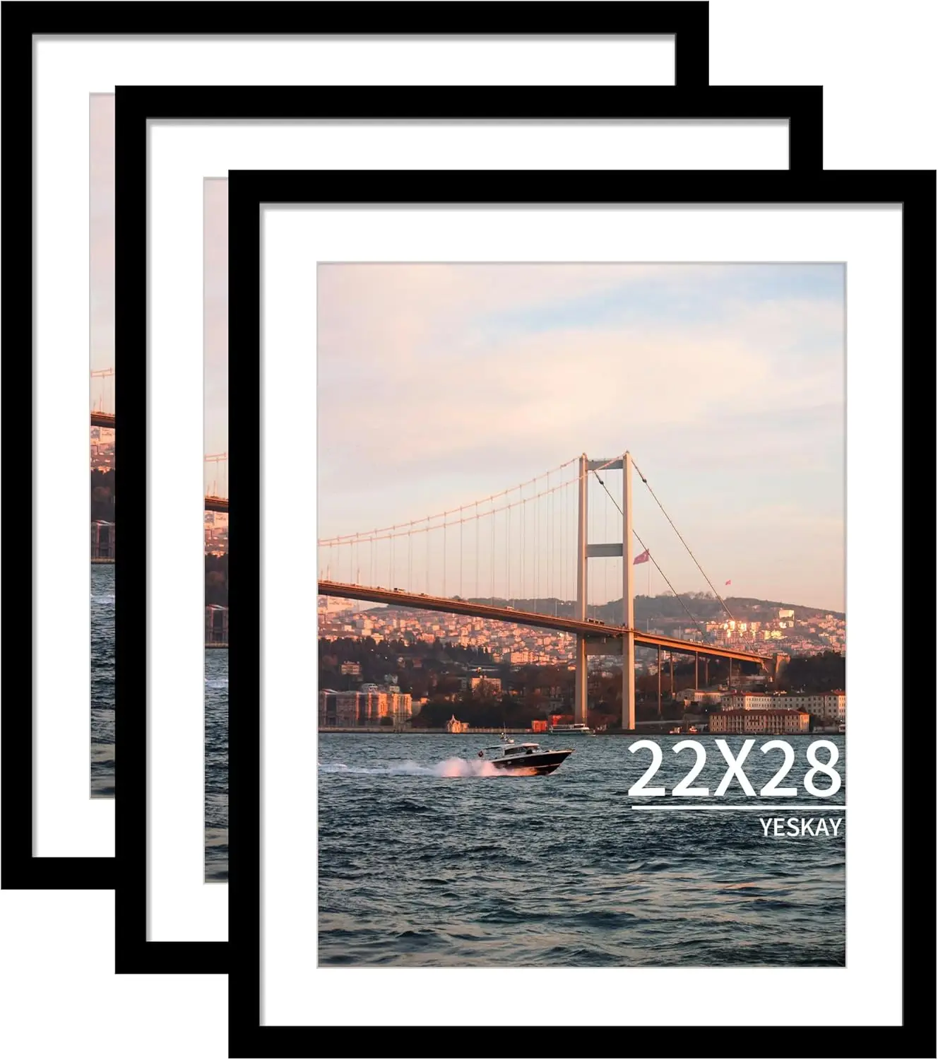

22x28 Picture Frame Black Set of 3, Display Pictures 18x24 with Mat or 22 x 28 Without Mat, Poster Frames 22x28 for Wall