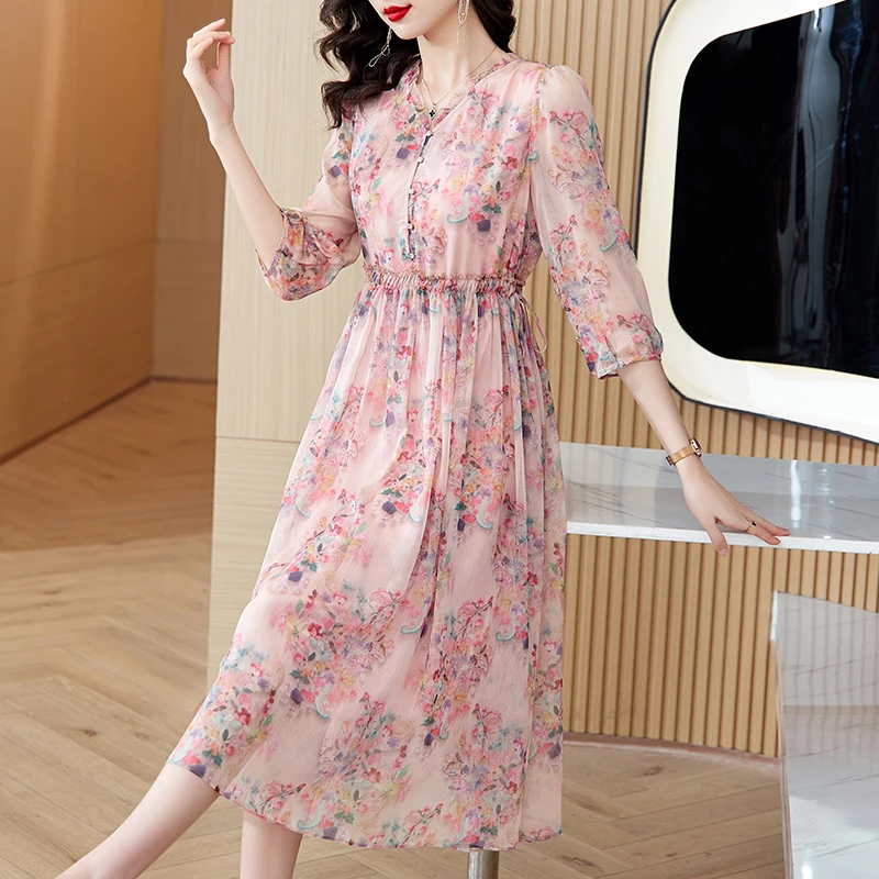 Spring Women Boho Floral Silk V-Neck Midi Dress Summer Fashion Beach Vacation Sundress 2024 Korean Elegant Bodycon Party Prom