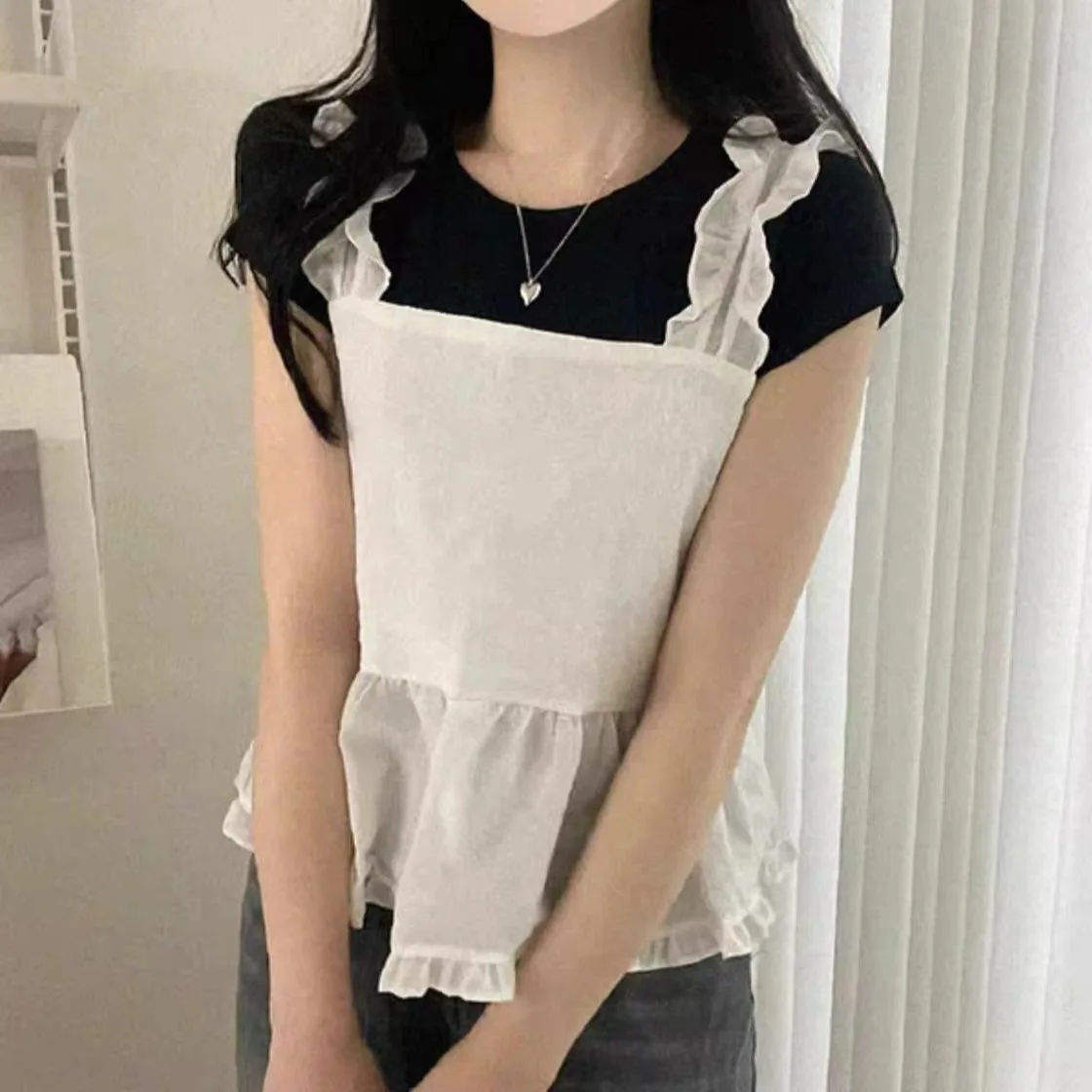 

Новинка лета 2026: Женская универсальная шифоновая блузка-топ без рукавов с поясом, оборками и клетчатым узором, из смесового хлопка