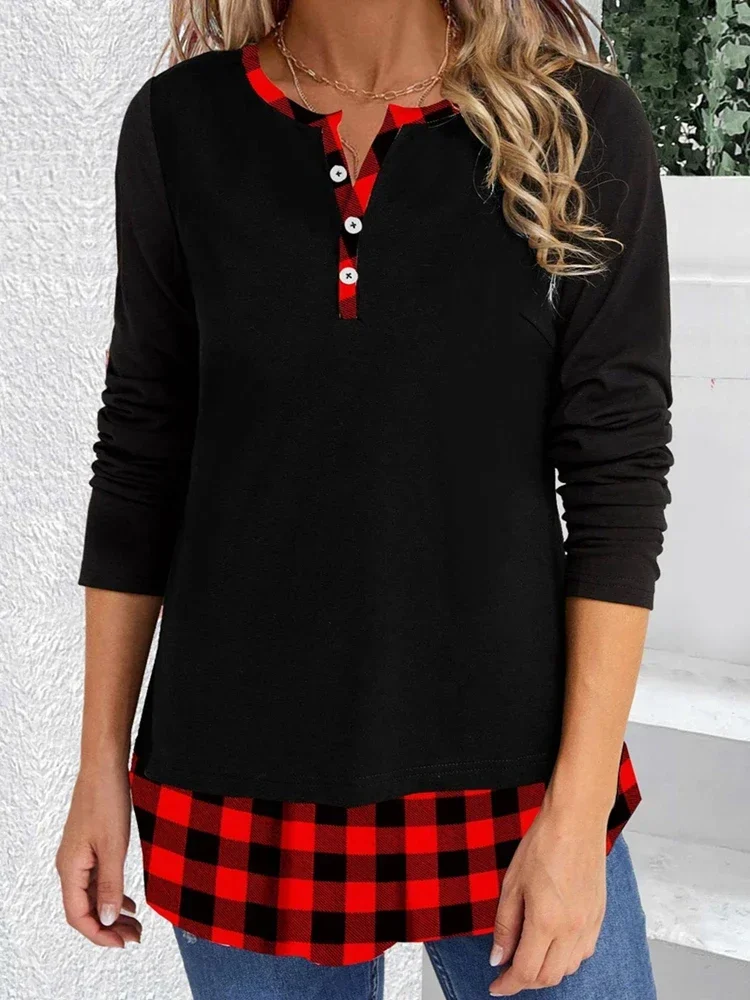 Plus Size Women\'s Fashion Color Matching Long Sleeve Round Neck T-shirt Plaid Print New Casual Round Neck Button T-shirt Top