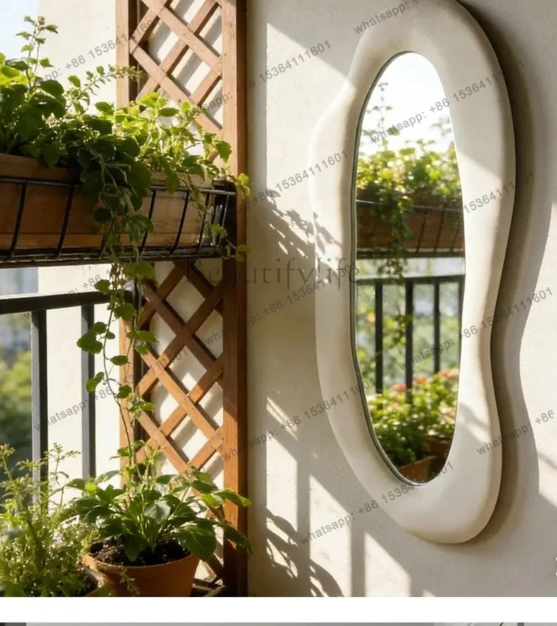YJ Cream wind wall-mounted mirror American irregular fitting mirror clothing store art oval light luxury home mirror