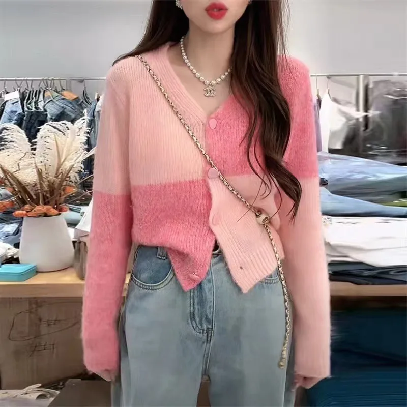 Color Blocking Checkered Knitted Cardigan Women Sweet Loose Versatile Design, Gentle Temperament Long Sleeved Sweater Jacket