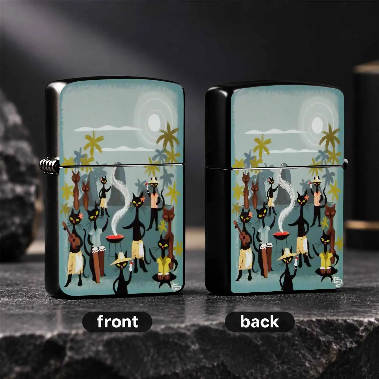 Retro Mid-Century Tropical Night Cat Party Lighter, Stylish Artistic Black Cat Gathering Pattern Portable Igniter, Chic Tiki Vibe Desktop Decor Accessory, Ideal Unique Gift For Art Lovers For Daily Home Outdoor Use Interesting And Humorous