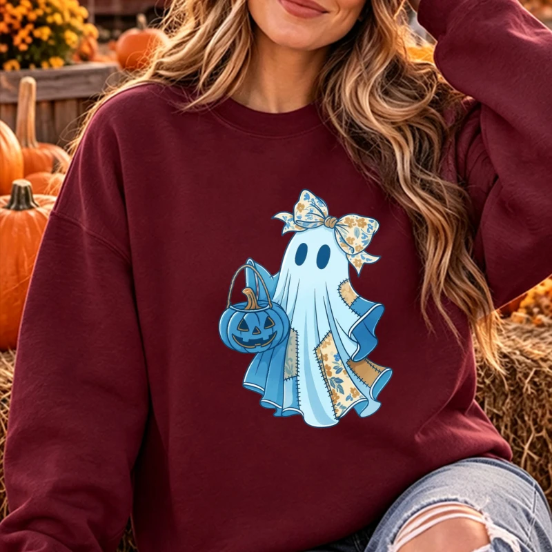 Halloween Ghost Print Sweatshirt Crewneck Long Sleeve Loose Fit Pink Blue Dress Floral Pattern Pumpkin Bucket Cartoon Bow Pullov
