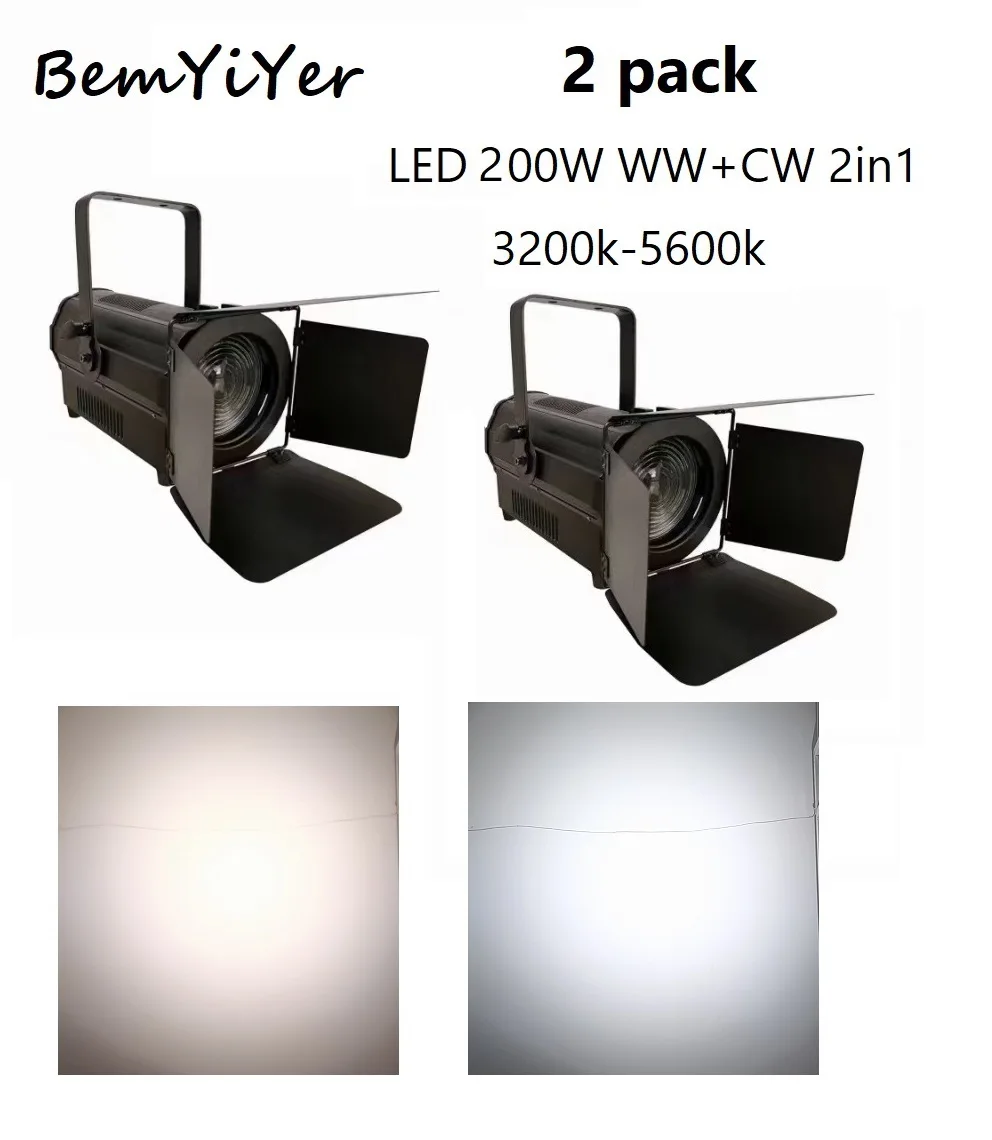 

2pack BemYiYer LED 200W Fresnel spot light warm cool white 3200k 5600k DMX Zoom for film studio theater stage lighting