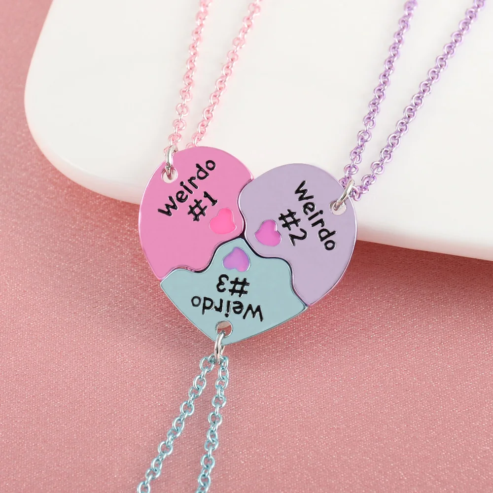 3Pcs/set Heart-shaped Stitching Letter Weirdo 1 2 3 Best Friend Friendship Necklace for Girls BFF Jewelry Gift
