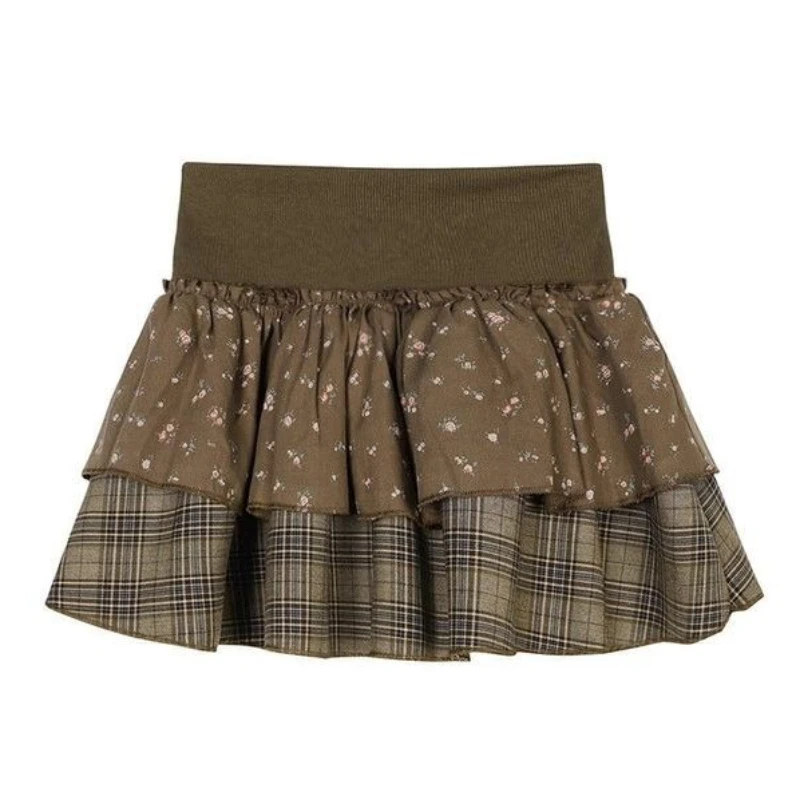 New American Preppy-style Y2K Vintage-Inspired Tiered Mini Skirt - Floral & Plaid Patchwork with Elastic Waist SWEET Women Girls