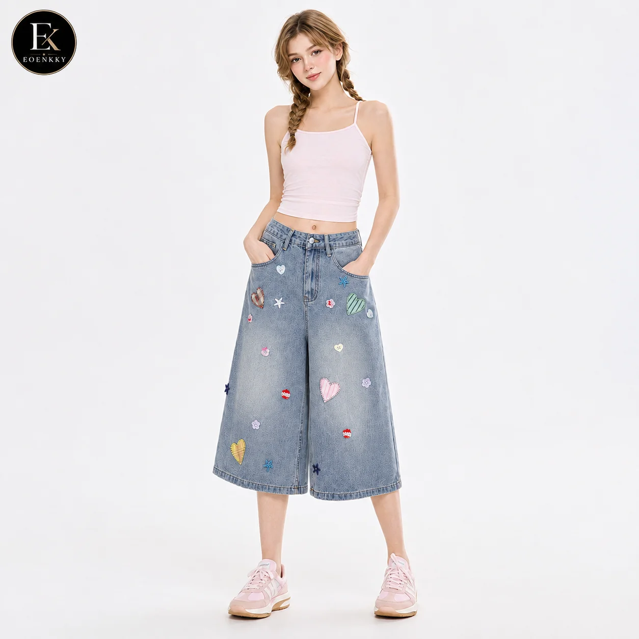 EOENKKY Women High Waist Wide Leg Cropped Jeans Light Wash Heart Patch Embroidery Capri Denim Culottes