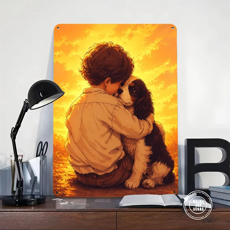 Child Hugging a Dog At Sunset Tin Poster Customized Wall Art Retro Vintage Metal Signs for Fans Room Bedroom Decoration Gaming