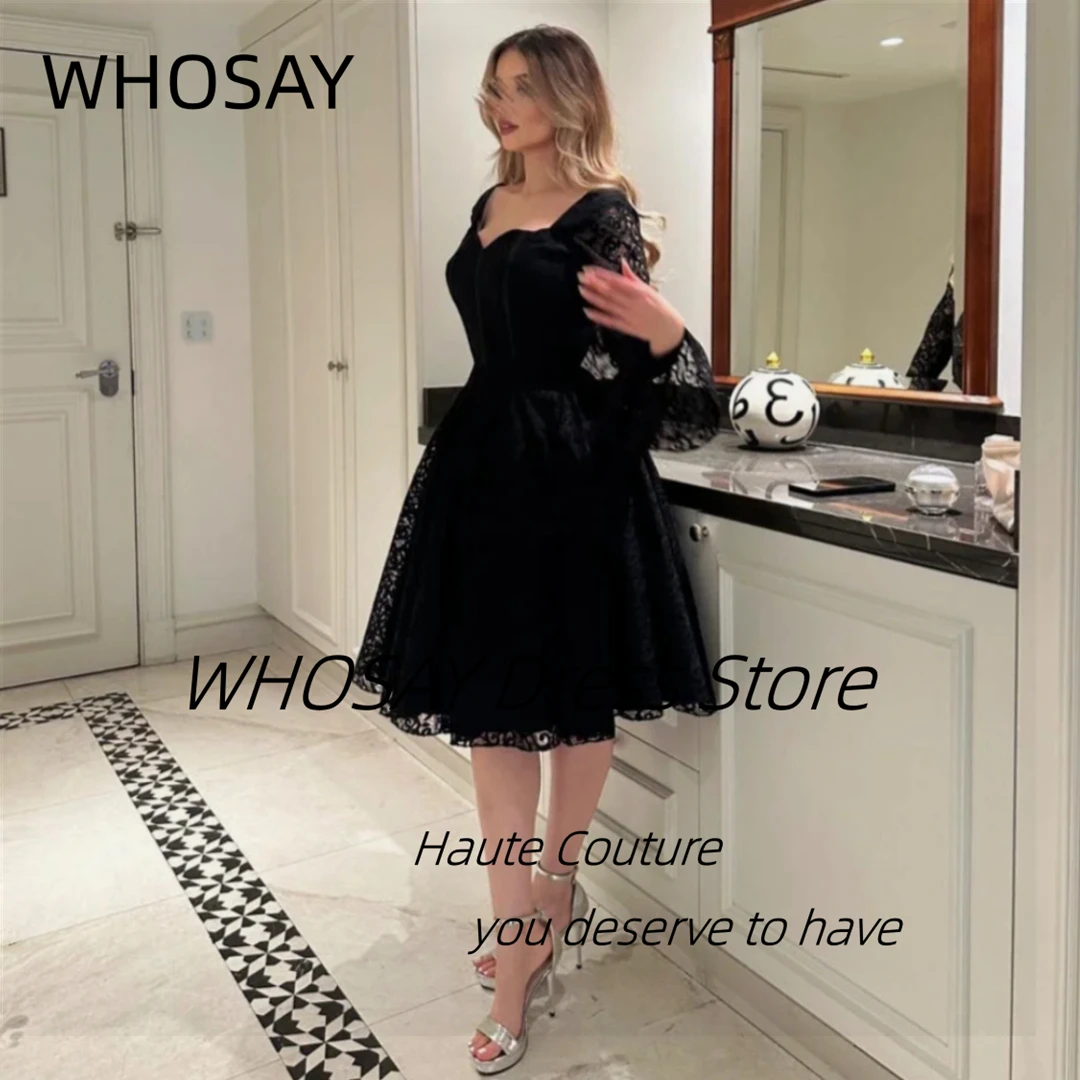 

WHOSAY Black Lace Short Prom Dresses Square Neck Long Sleeves Graduation Party Homecoming Dress A Line Vestidos Des Customized