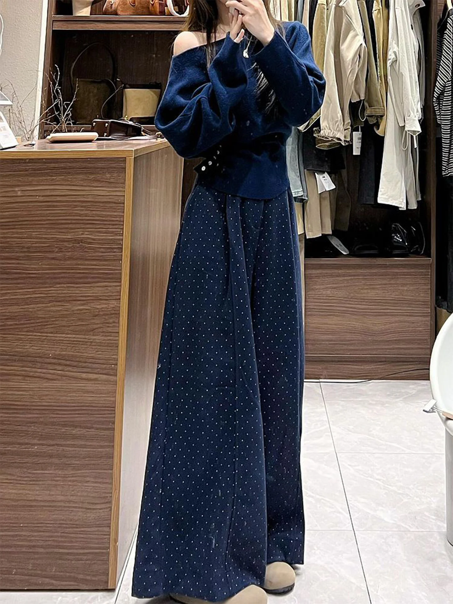 

Korean Sle Women's Autumn Design Off-oulder Knitted Sweater Blue Polka Dot Wide Leg Pants Set Faionable Two-Piece Suit