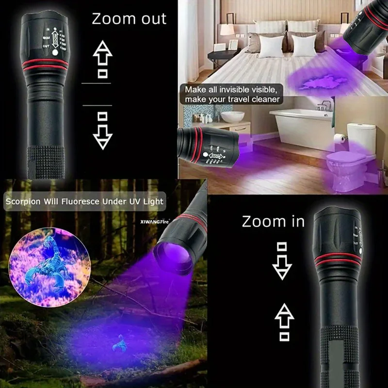 395nm T6 LED UV ไฟฉายแบบชาร์จไฟได้ไฟฉายสําหรับหมึกเครื่องเป่าเงิน Fluorescer เครื่องตรวจจับ UV Oil Curing แสงสีม่วง