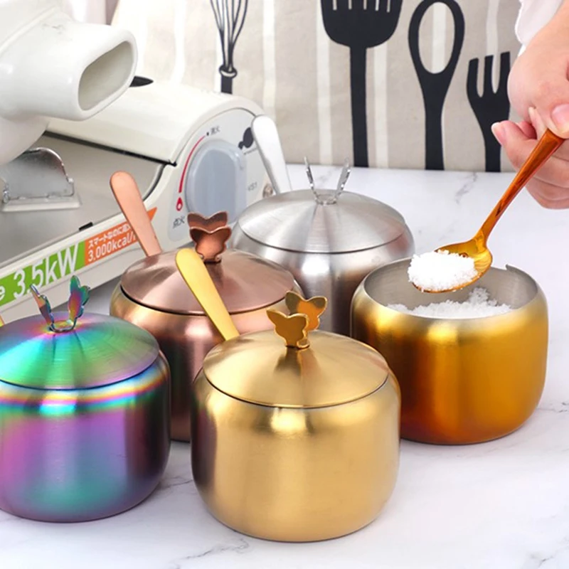 Kitchen Stainless Seasoning Condiment Pot Large Diameter Spice Salt Sugar Container Jar Tool With Lid & Spoon