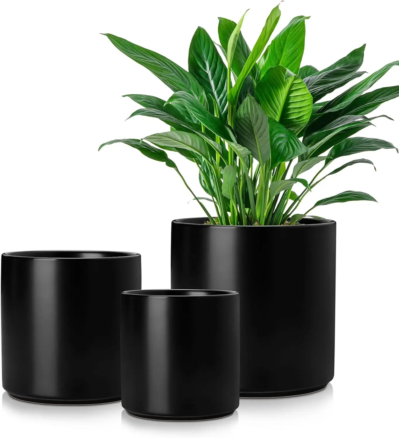 

Set of 3 Ceramic Plant Pots with Drainage Holes, 6/8/10 Inch, Black, Indoor Outdoor