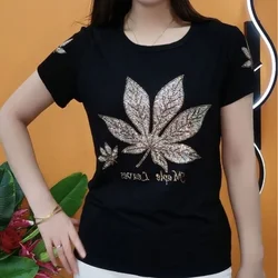 Women's Round Neck Fashion 2024 Summer New Solid Color Printed Letter Diamond Short Sleeve Loose Minimalist Casual T-shirts Tops