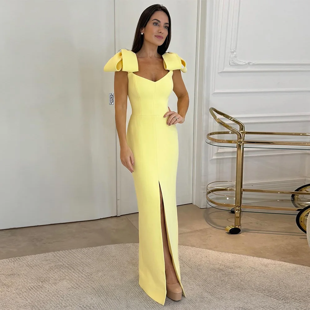 

Индивидуальное высококачественное вечернее платье-русалка из джерси с пуговицами, изящным бантом, сексуальным разрезом и V-образным вырезом, Robe de soirée