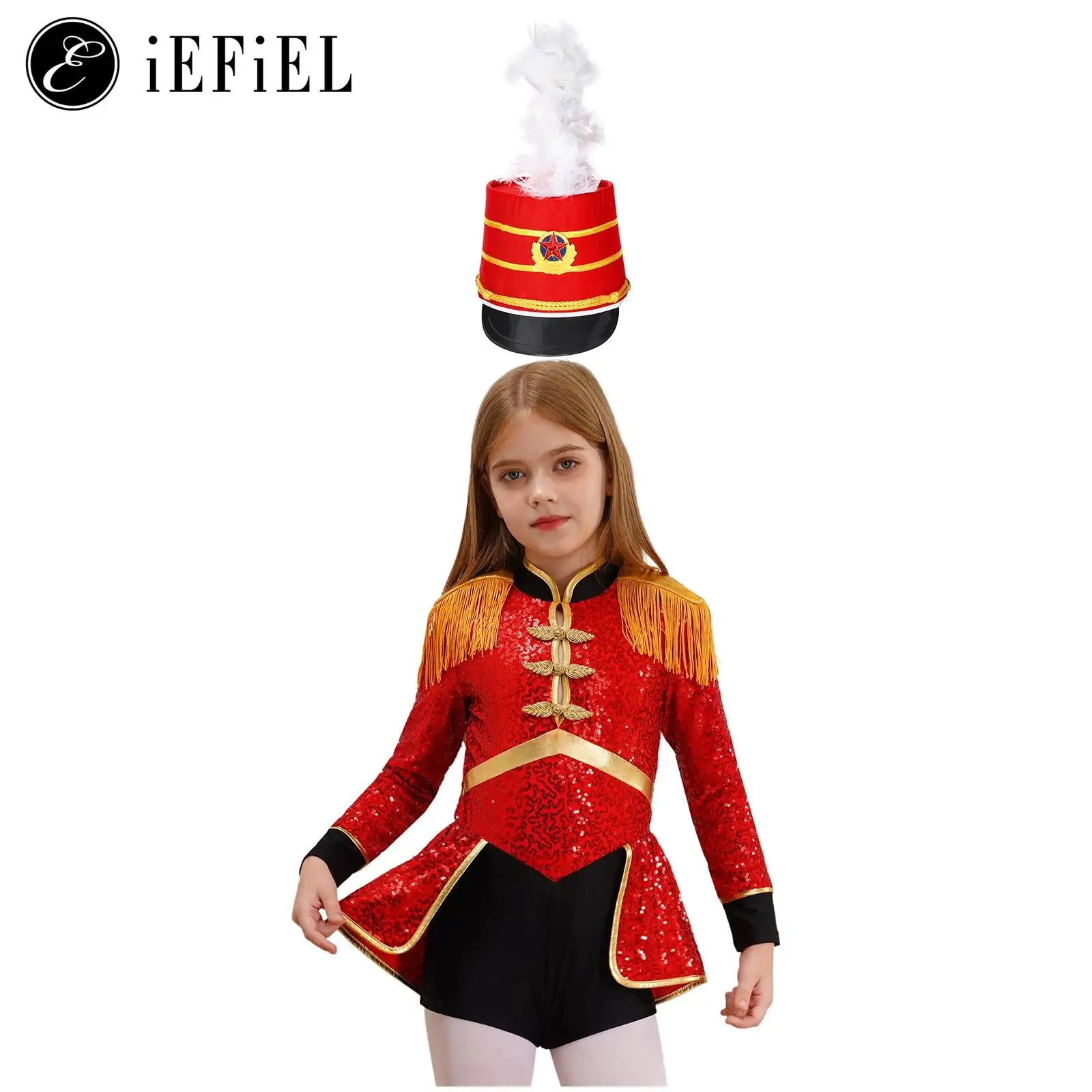 

Girls Marching Band Drummer Costume School Majorette Sequins Tassel Long Sleeve Ballet Leotard Dance Dress with Feather Hat