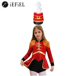Girls Marching Band Drummer Costume School Majorette Sequins Tassel Long Sleeve Ballet Leotard Dance Dress with Feather Hat