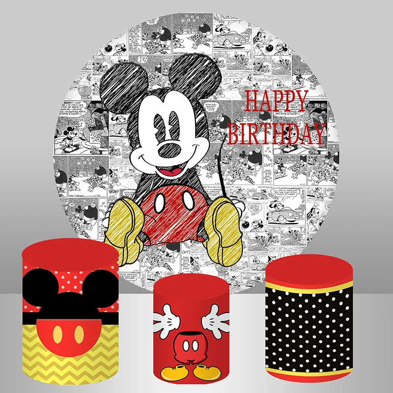 Disney Comic Mickey Mouse Round Backdrop Cover For Boys 1st Birthday Party Circle Background Cylinder Covers