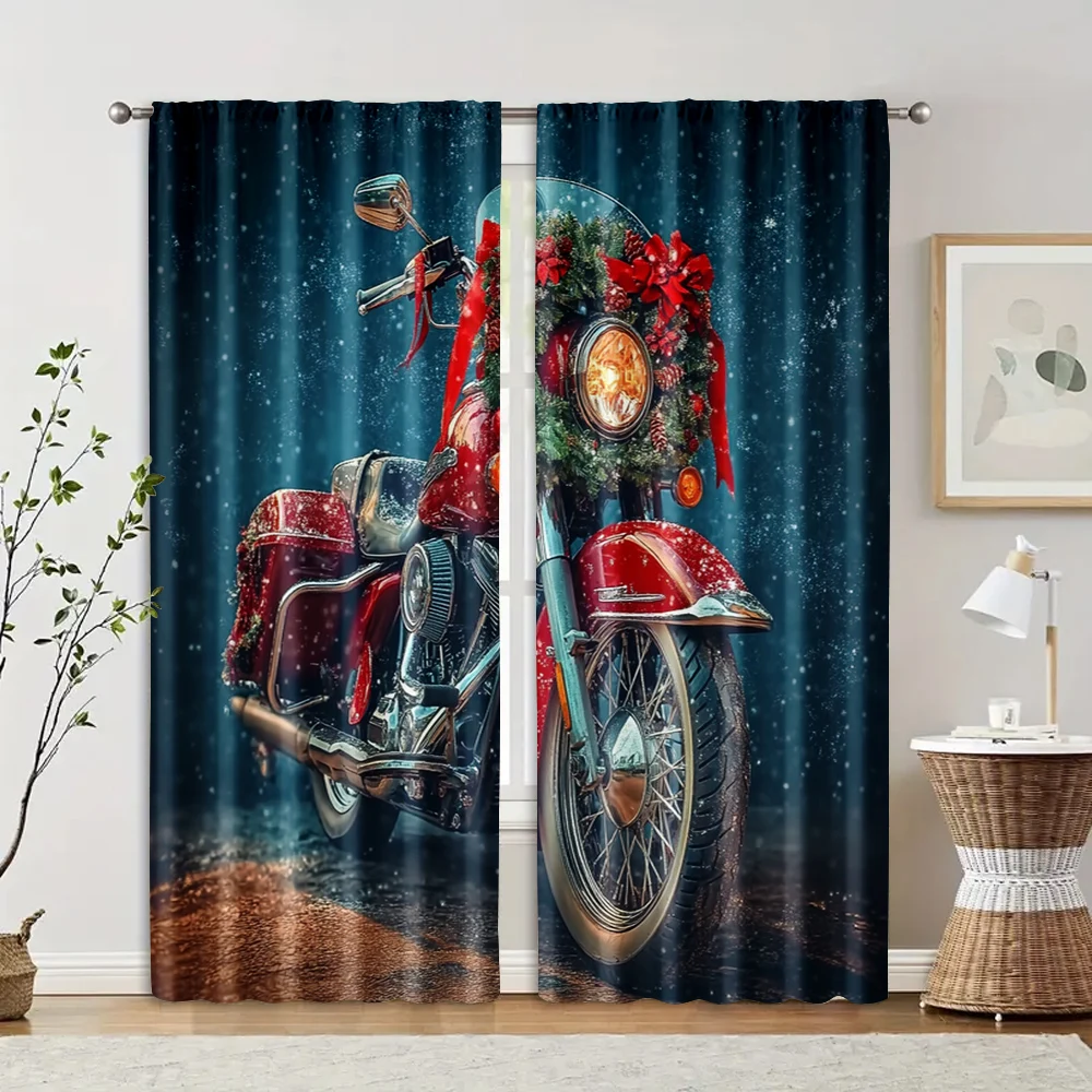 

2 pcs, filtering curtains (excluding rods, non-movable, without batteries) Christmas motorcycle for use in bedrooms and living
