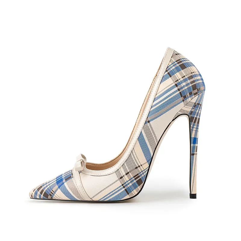 Summer Plaid Microfiber Pointed Toe Thin Heels Shallow Super High Heel Sexy High-heeled Shoes Extra Large Size Single Shoe