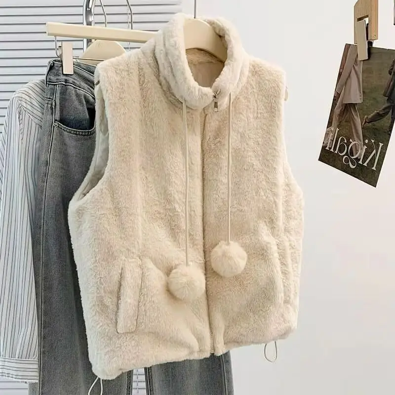 Fleece Waistcoats for Women Plush High Neck Vests Casual Sleeveless Cardigans Oversized 2026 Winter Jackets Loose Women Tops