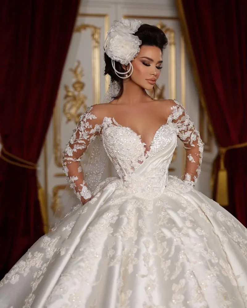 Flavinke Customized New Arrivals Long Sleeve Zipper Up Back Beading Satin Ball Gown Wedding Dresses Vestido De Noiva Casamento