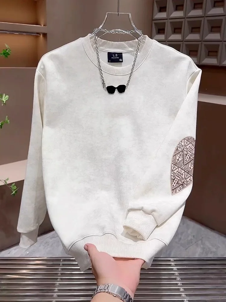 

Retro American Dyed round Ne Sweatirt Men's Autumn Winter Trendy Brand Patchwork Embroidered Letter Casual Long Sve Top