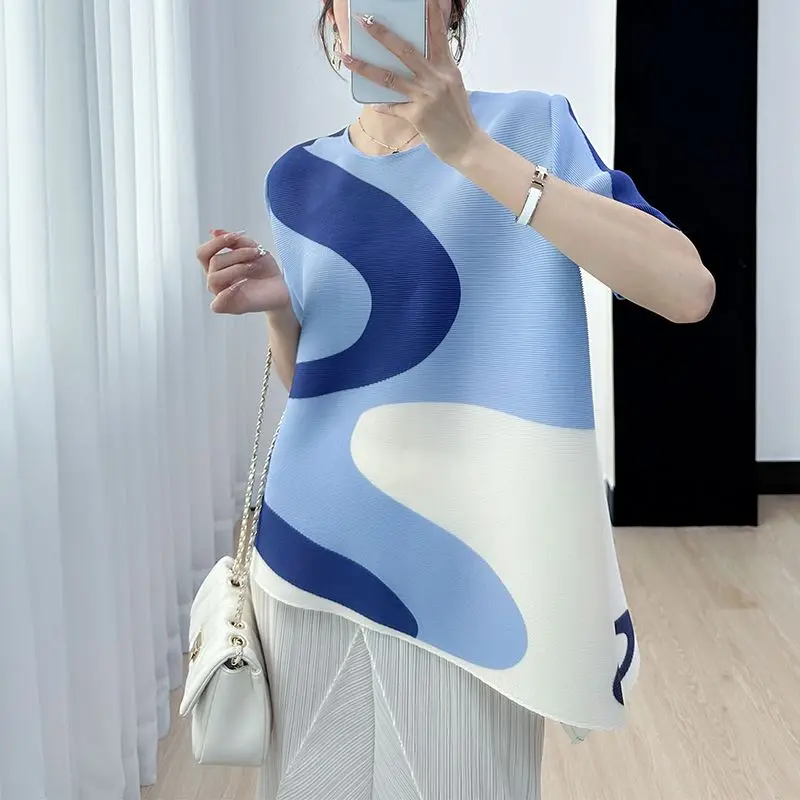

Новая летняя футболка с принтом, плиссированный свободный топ с круглым вырезом и короткими рукавами