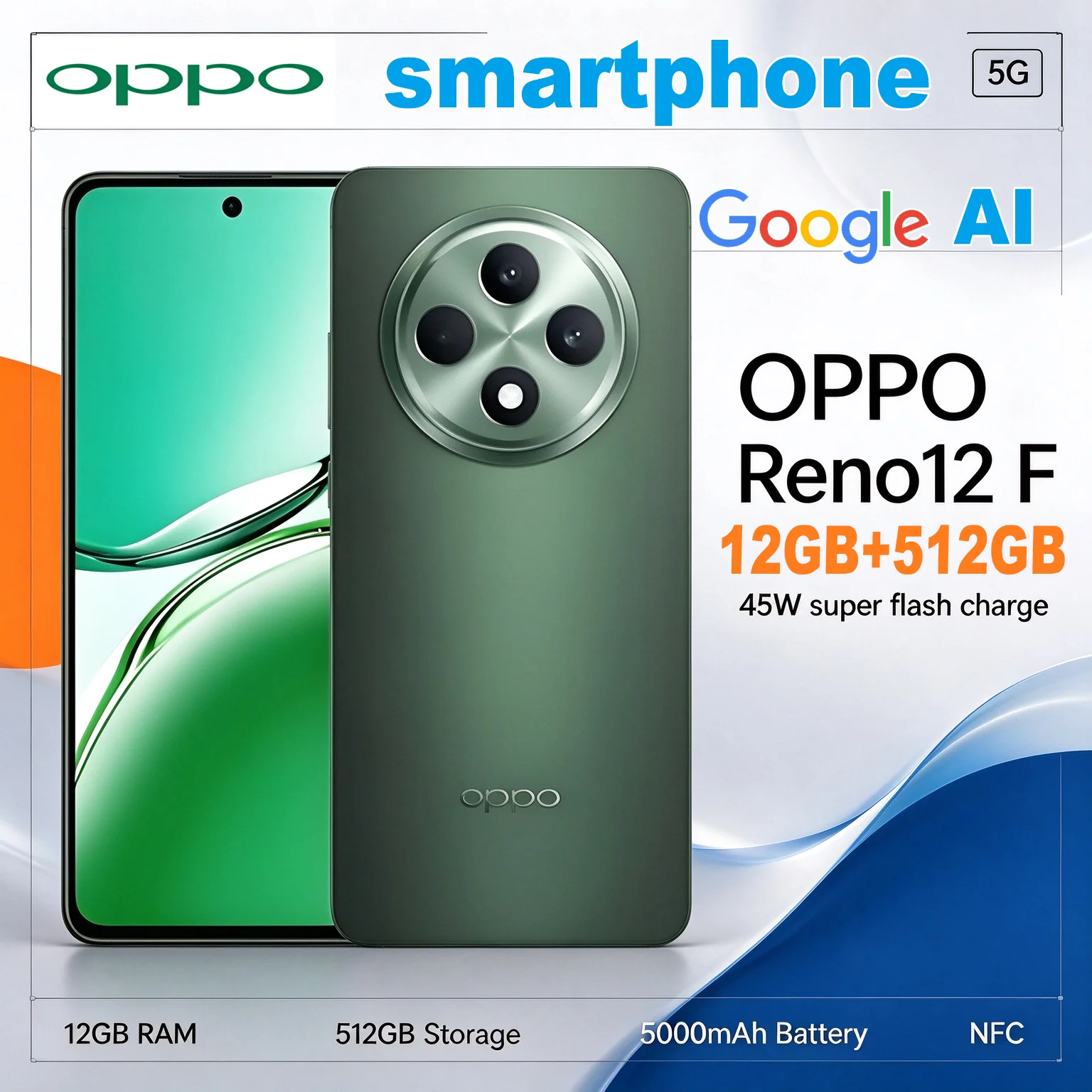OPPO Reno12 F 5G Smartphone,12GB+512GB,MediaTek Dimensity 6300,50MP Main Camera,5000mAh,45W Fast Charge,NFC,Android Phone