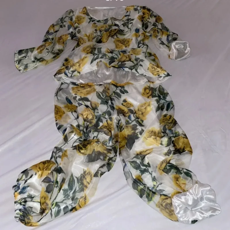Men Plus Size Glossy Floral Silky Ice Silk Lined Double-Layer Top Pants Set Women Long Sleeve Loose T-shirt Sleeping Trousers
