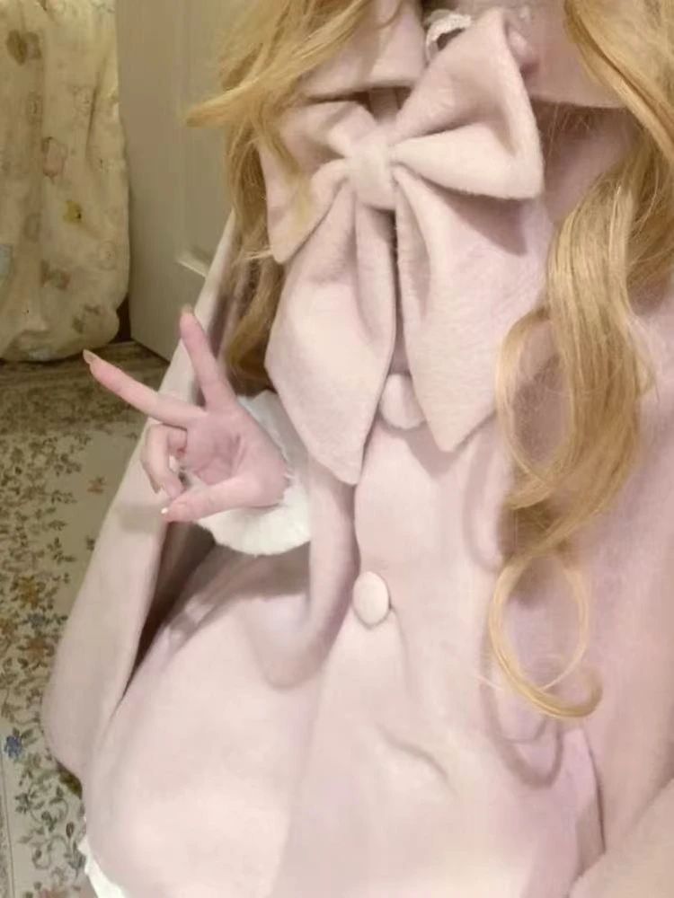 الشتاء اليابانية الحلو JK الوردي عباءة جاكيتات النساء عيد الميلاد Harajuku معاطف Kawaii واحدة الصدر الجمالية الصلبة القوس الملابس