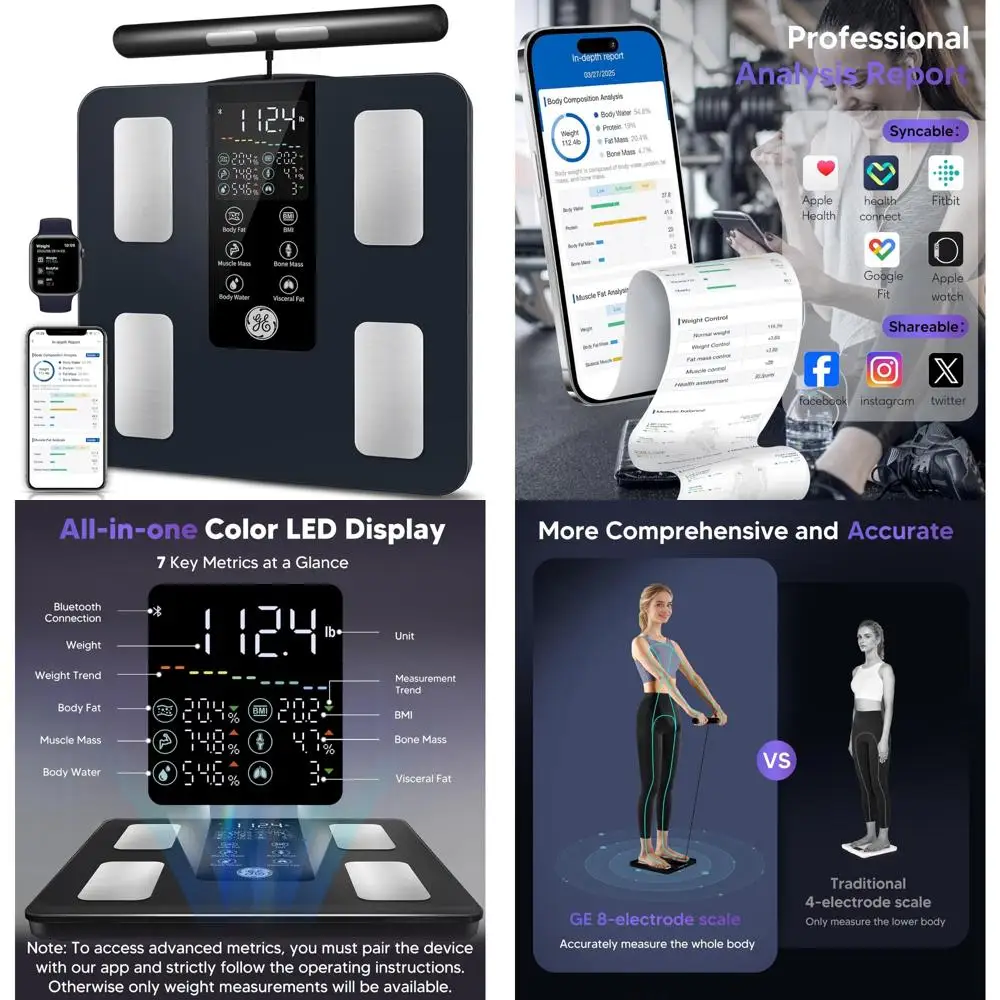 

Digital Bathroom Scale with 8-Electrode Technology for Comprehensive Body Composition Analysis: Weight, Fat, BMI, Muscle Mass, a