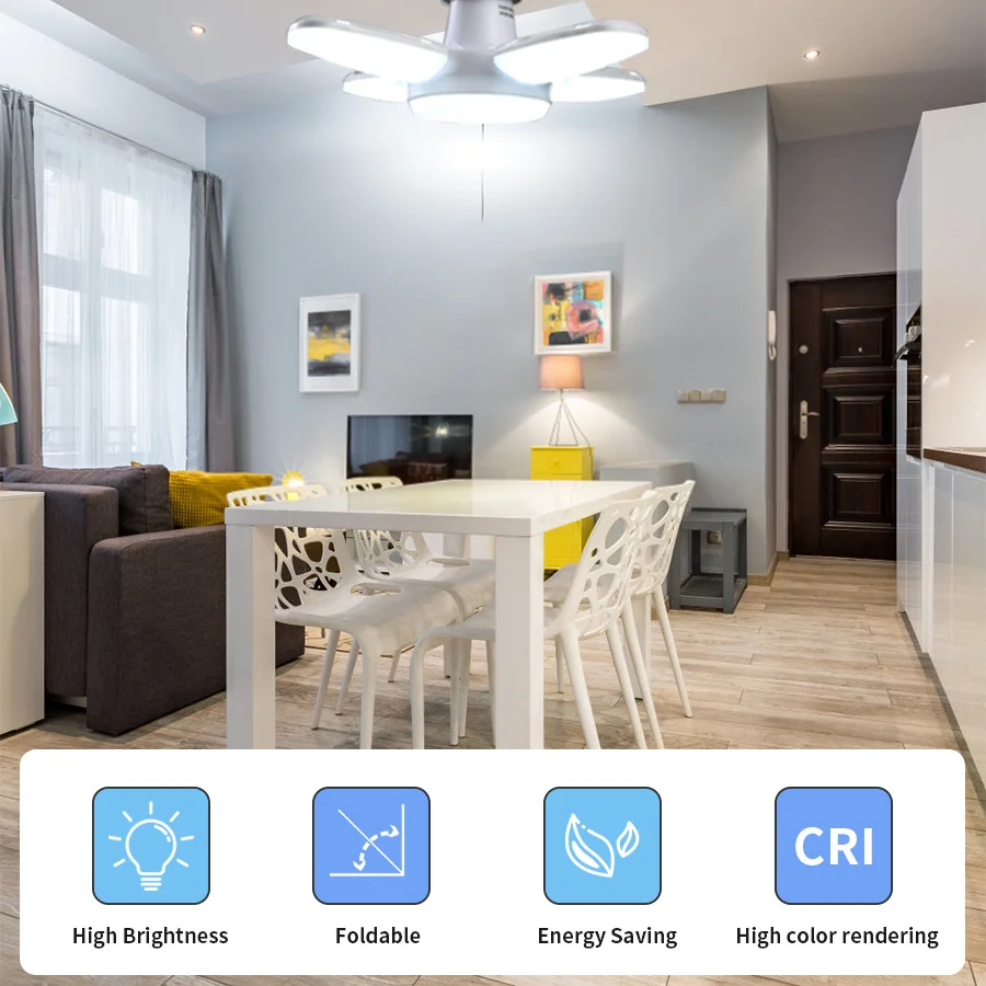 E27 Foldable LED Bulb, 40LED 6500K Deformable Fan Light, AC110V/220V Bright Ceiling Light for Garage, Warehouse, Home Lighting