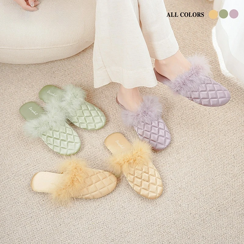 

Women's Fashion New Chinese Style Indoor Slippers High - end Turkey Feather Decorated Satin Shiny Silent Home Warmth Slippers