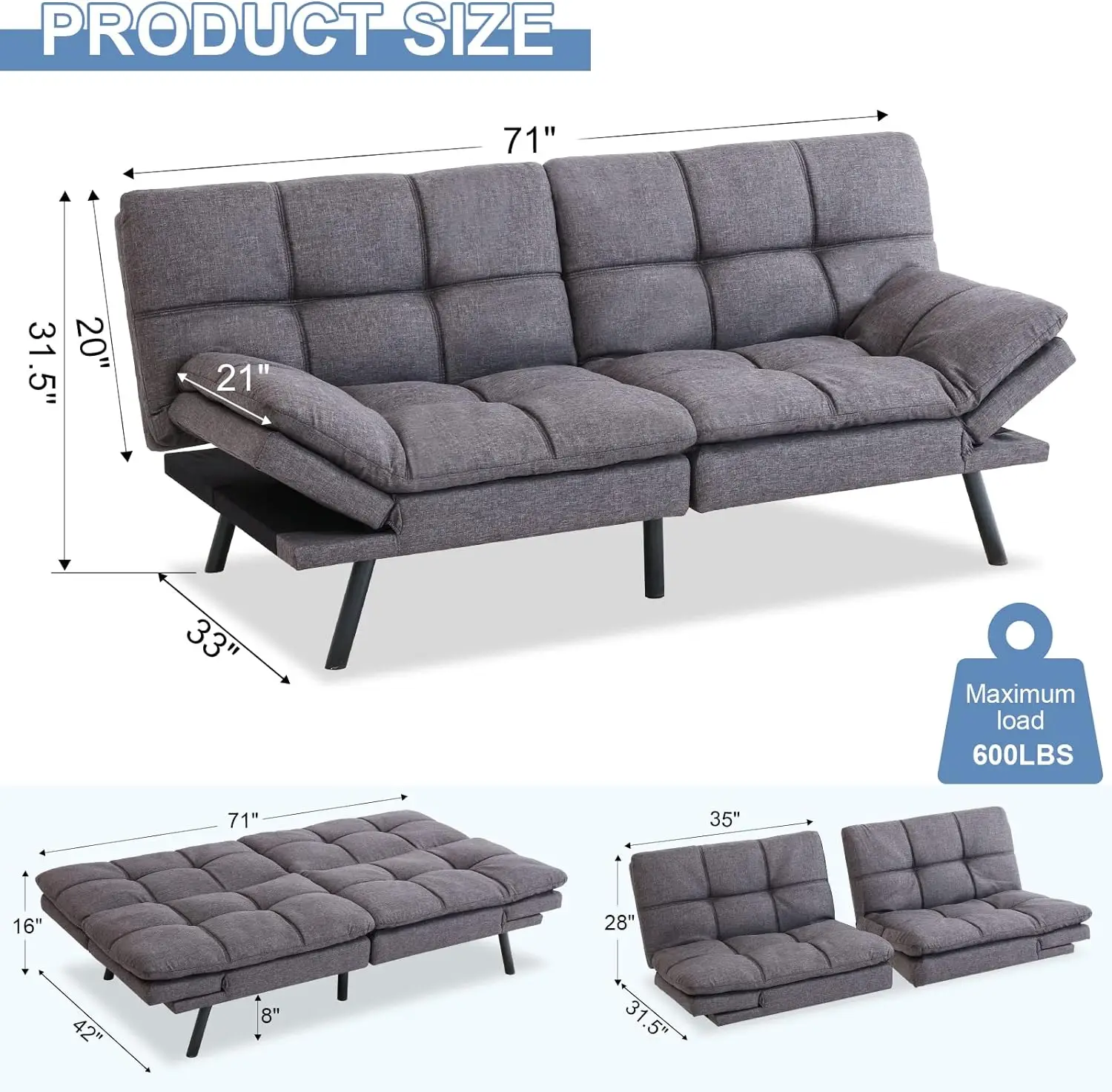 MUUEGM Futon Sofa Bed Couch Convertible Memory Foam Sleeper Love Seat,Modern Daybed for Living Room,Office,Small Space,Ap