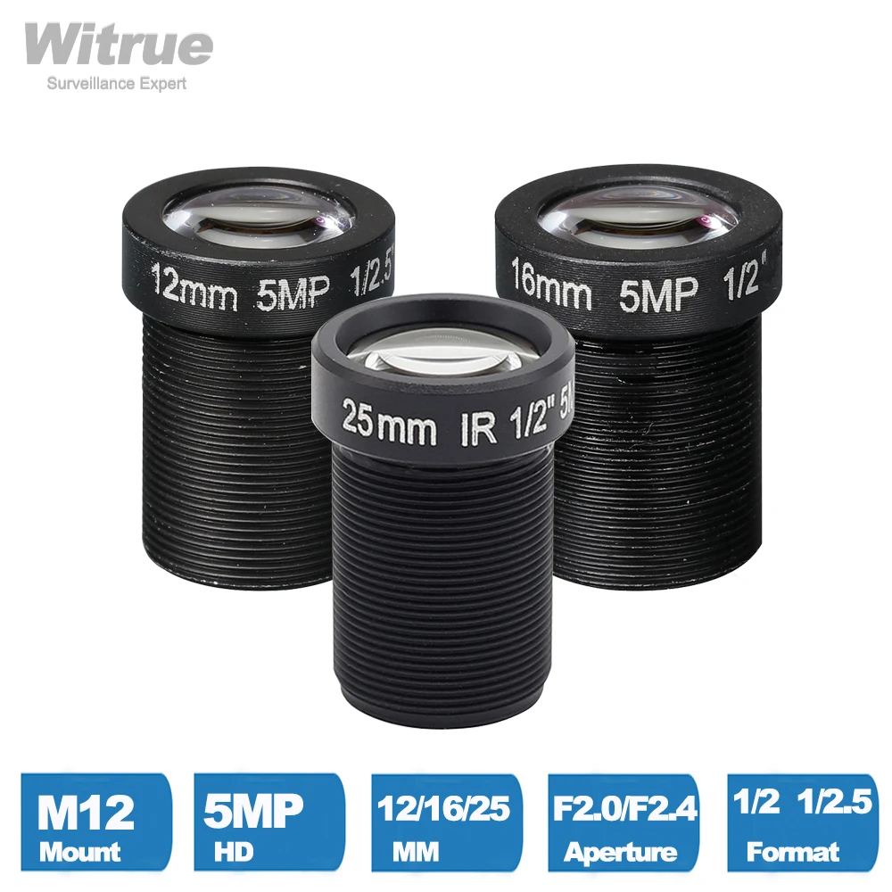 Obiektyw kamery CCTV Witrue 5 megapikseli M12 X P0.5 Mocowanie 1/2,5" F2.0 12MM 16MM 25MM Opcjonalnie dla kamer IP bezpieczeństwa