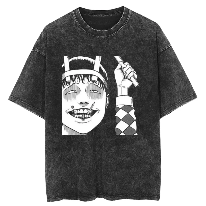 Hot Summer Tomie Junji Ito Retro Washed Antique Short-Sleeved T-Shirt Men's Trendy Brand Japanese High Street Hip-Hop Shirt