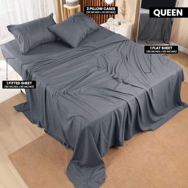 Bed Sheets Set, 4 Piece Bedding, Brushed Microfiber - Shrinkage and Fade Resistant - Easy Care (Queen, Grey)