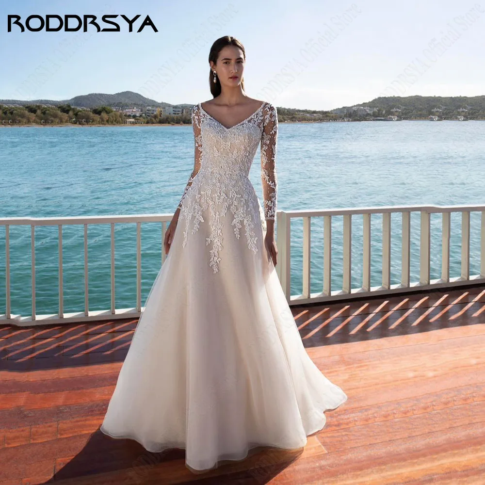 RODDRSYA gaun pernikahan lengan panjang elegan 2024 gaun pengantin Applique renda pengantin gaun pengantin Tulle Backless vestidos sipil de novia