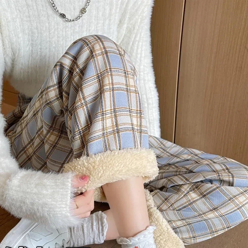 JMPRS Winter Thick Plaid Pants Women Korean Fashion Warm Loose Wide Leg Trousers Student Y2K Causal High Waist Pants Outwear