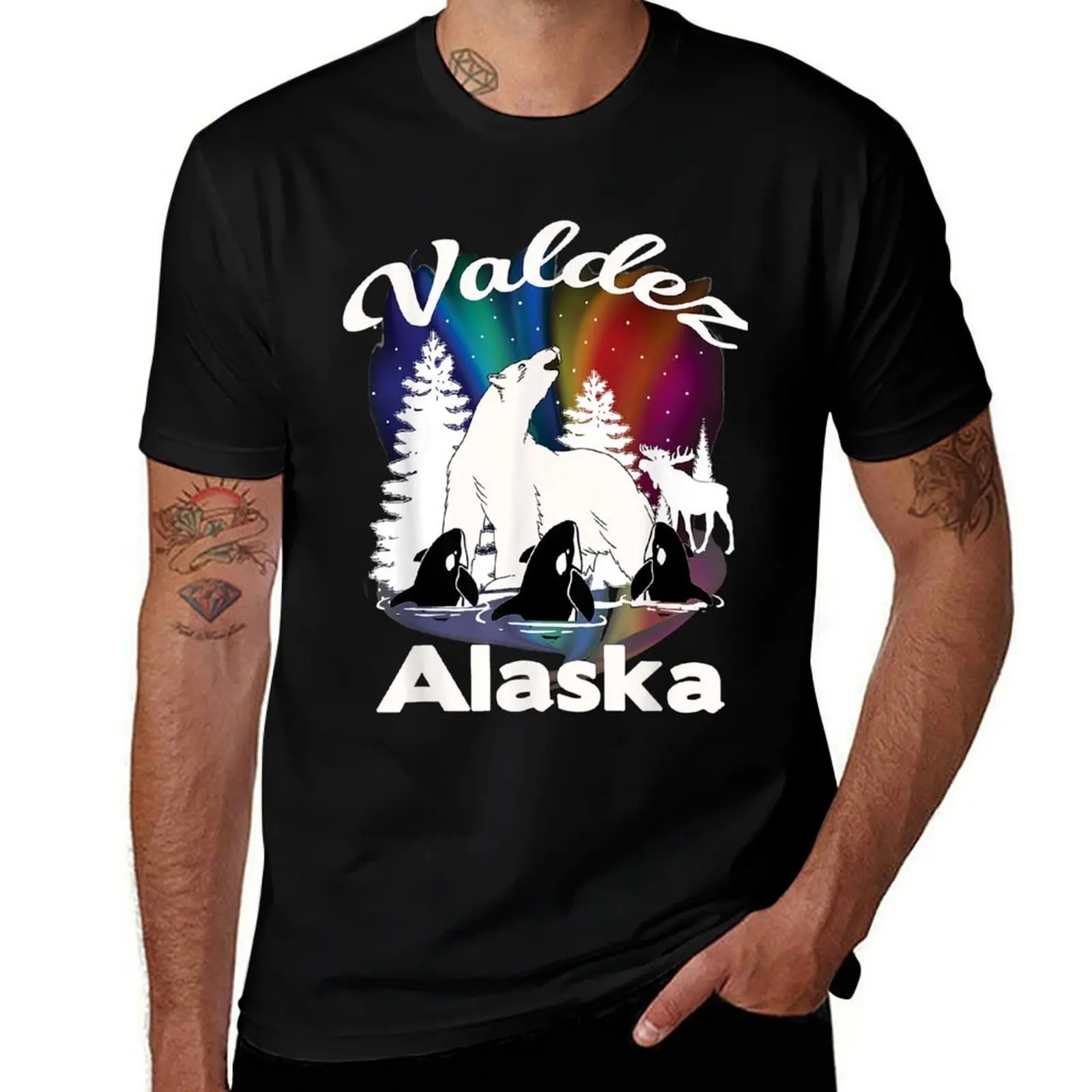 

Valdez Alaska Aurora Borealis Polar Bear Orca Moose T-Shirt black cotton t-shirt plain for man package T-Shirt