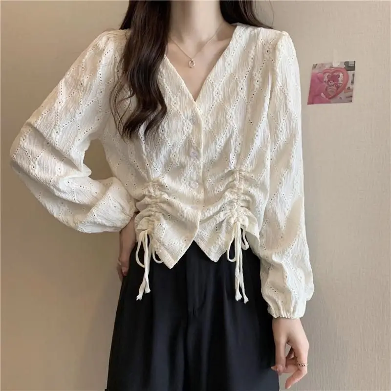 Long Sleeves V-neck Hollow Out Shirt for Women\'s Spring Autumn Unique Double Drawstring Stylish Chic Beautiful Small Shirt Top