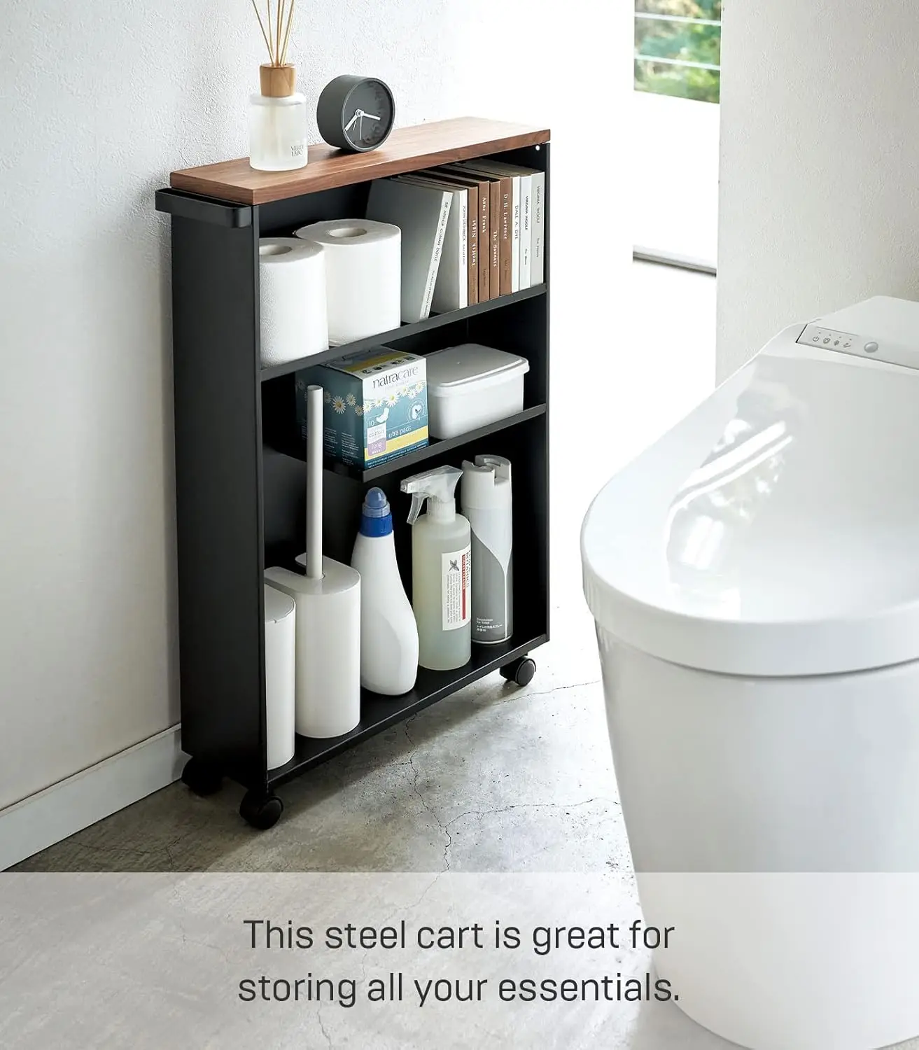 Home Rolling Slim Bathroom Cart With Handle-Storage Shelf Organizer Rack, One Size, Black