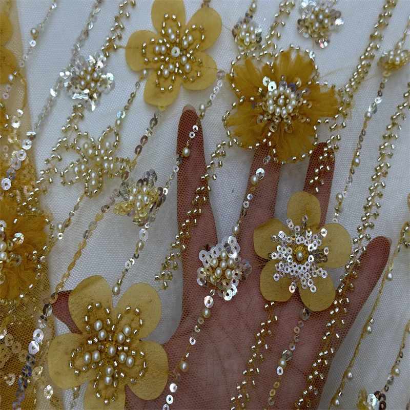 Latest African 3D Flower Beaded  Lace Fabric Dubai Sequins Tulle Lace Fabric for Sewing RJW-1175