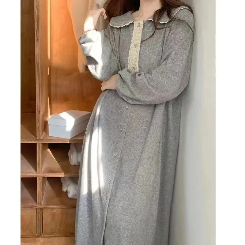 Women Gray Long Sleeve Nightgowns Casual Spring Autumn Loose Nightdress Full Length Elegant Ladies Sleepwear Fashion Loungewear