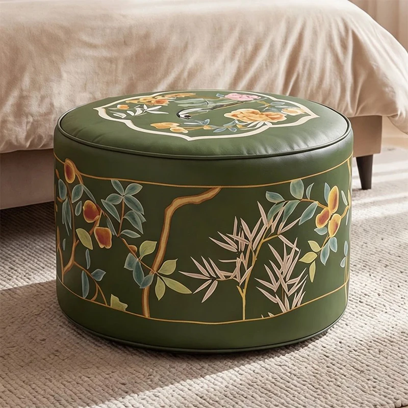 Green Print Moroccan Style Circular Footstool Cover Living Room Floor Decoration Unfilled Ottoman Pouf PU Leather Cushion Covers