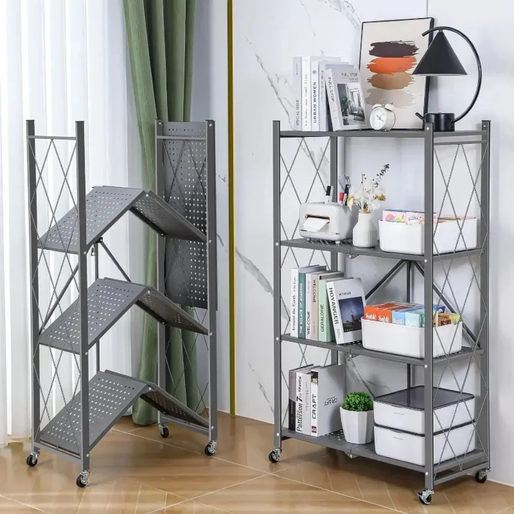 Foldable Metal Storage Rack Multifunctional Living Room Shelf Multilayer Installation Free Kitchen Organizer Trolley Bookshelf