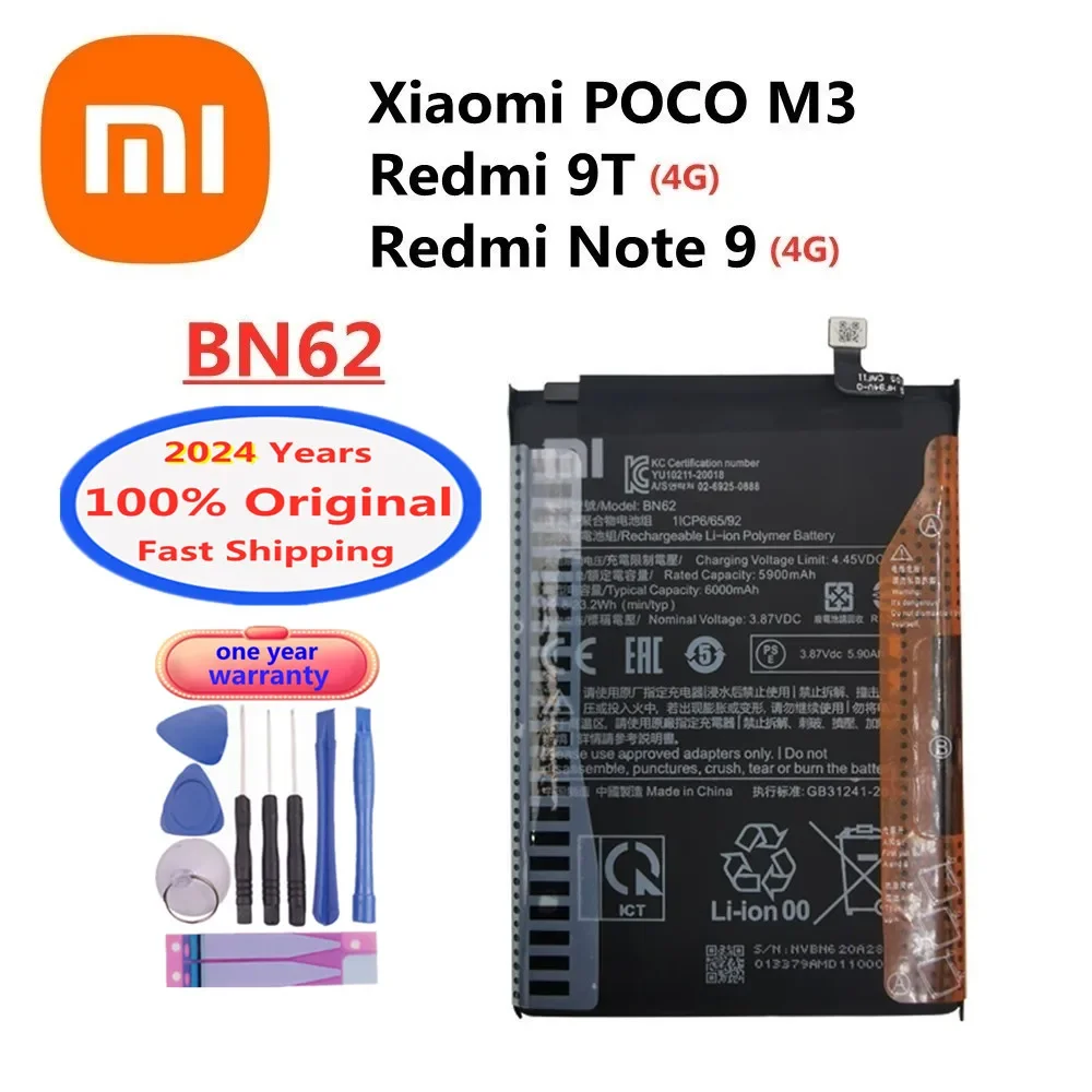 

2024 Years Original Battery BN62 6000mAh For Xiaomi Redmi 9T / POCO M3 / Redmi Note 9 4G Version Battery Bateria Fast Shipping